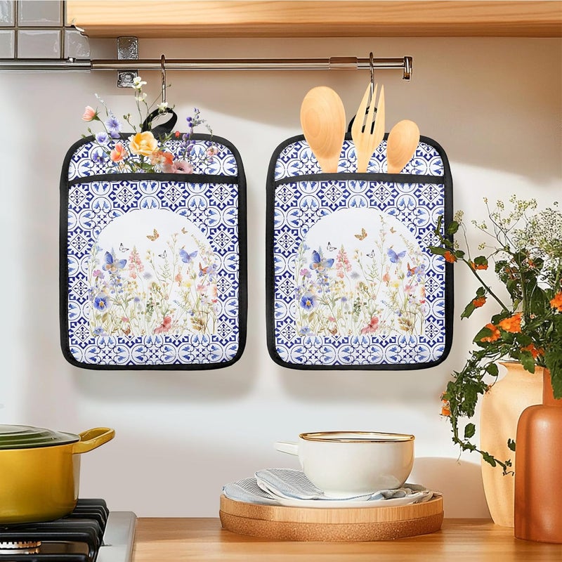 HUGANE Colorful Wildflowers Floral Oven Mitts Set, Blue and White Heat Resistant Kitchen Oven Gloves for Baking and Cooking,Pot Holders - Image 3